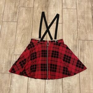 VTG Hot Topic Skater Skirt L Red Black Plaid Y2K Suspender Whimsigoth Lumberjane